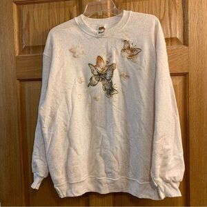 Fruit Of The Loom Sweatshirt Women’s L Cream Long Sleeve Embellished Butterfly